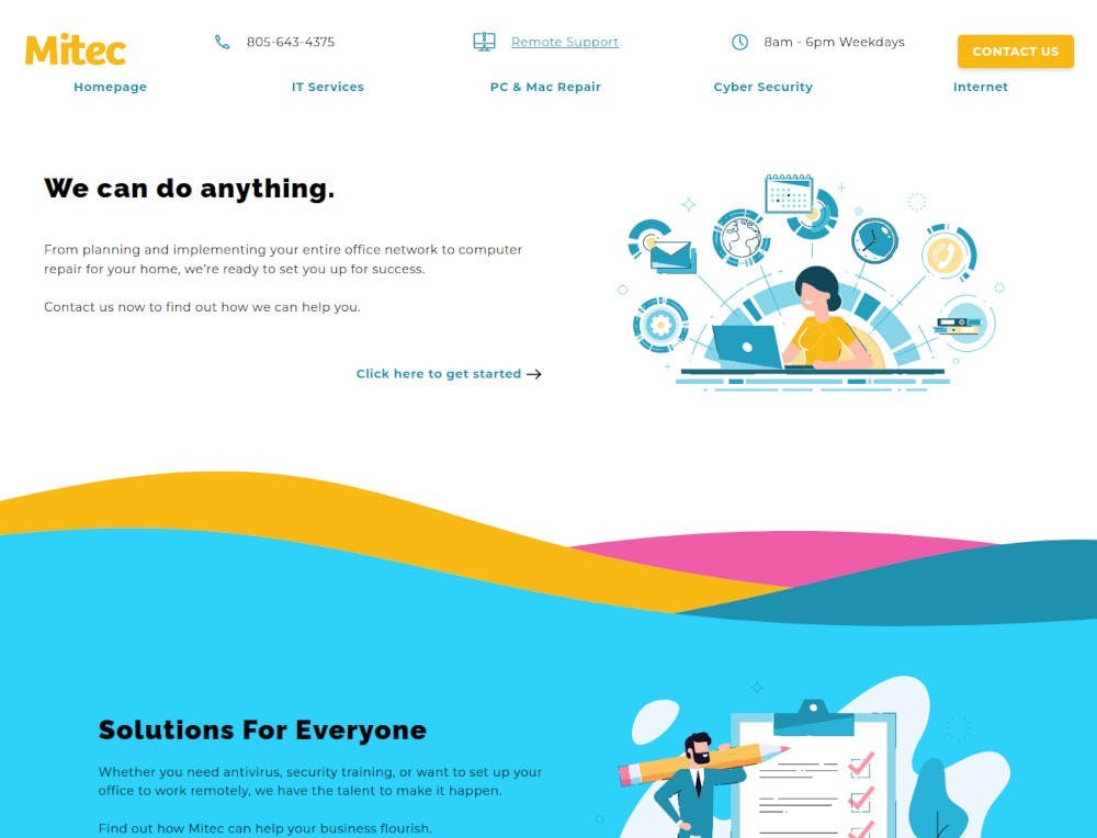 Mitec Solutions Homepage showcasing a comforting color scheme and friendly graphics